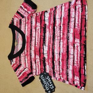 Notations Blouse XL Short Sleeve Flame Stitch Pink Black White